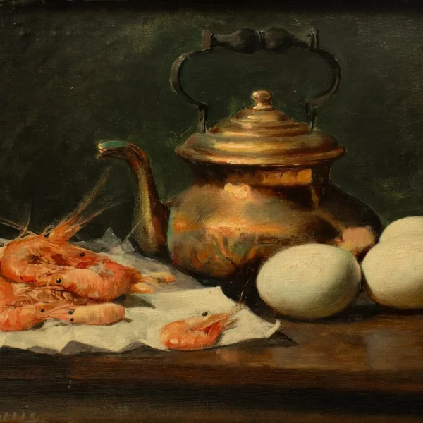 Exquisite "COMPOSITION WITH SHRIMPS & EGGS" - L Dupuis, oil on panel 19 century - Image 3