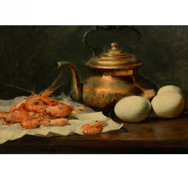 Exquisite "COMPOSITION WITH SHRIMPS & EGGS" - L Dupuis, oil on panel 19 century - Image 4