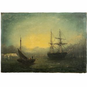 ECOLE DE LA FIN DU XIXe SIECLE Bateaux près de la côte. Huile sur toile.