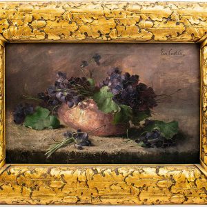 Ernest Castelein (1881-1945) - Nature morte avec un vase en cuivre et violettes.