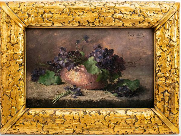 Ernest Castelein (1881-1945) - Nature morte avec un vase en cuivre et violettes.