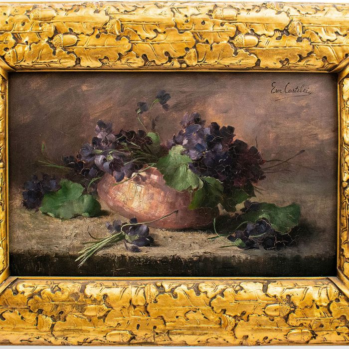 Ernest Castelein (1881-1945) - Nature morte avec un vase en cuivre et violettes.