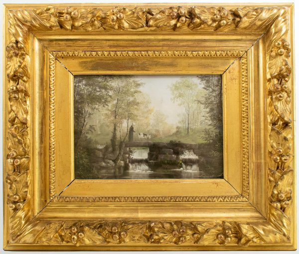 Ecole française du XXème siècle Passage du gué avec une chévre Pastel sur papier