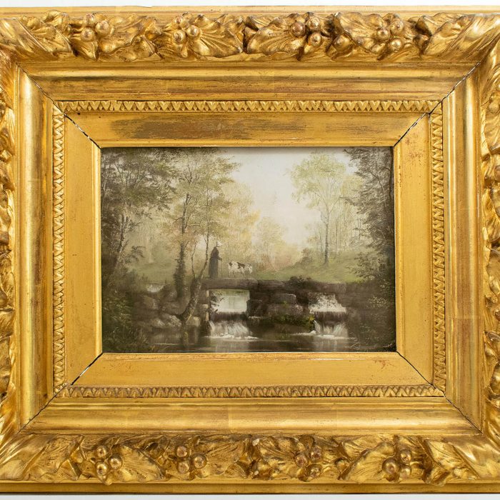 Ecole française du XXème siècle Passage du gué avec une chévre Pastel sur papier