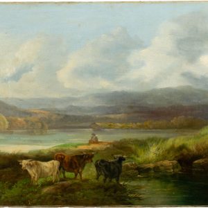 Huile sur toile de bovins à longues cornes dans un paysage naturel