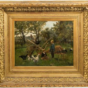 Auguste DURST (1842-1930). Enfant jouant parmi les poules. Huile sur toile signée