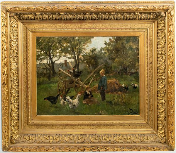 Auguste DURST (1842-1930).  Enfant jouant parmi les poules. Huile sur toile signée