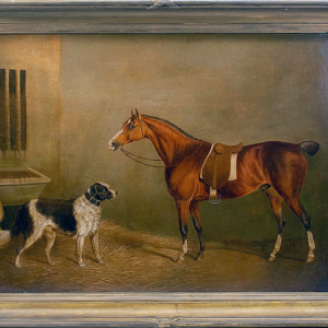 Portrait d'un cheval et d'un chien dans une écurie attribué à John E. Ferneley (1782 – 1860)