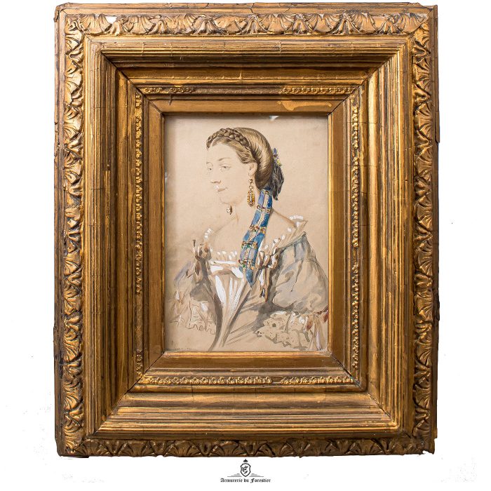 PORTRAIT D’UNE FEMME D’ÉLÉGANTE AU RUBAN AQUARELLE 1951-ALFRED BASTIEN (1873-1955)