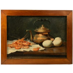 Exquisite "COMPOSITION WITH SHRIMPS & EGGS" - L Dupuis, oil on panel 19 century