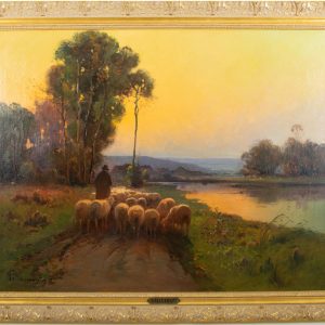 VILLEMONT (XIX - XXème): Troupeau de moutons - Huile sur toile.