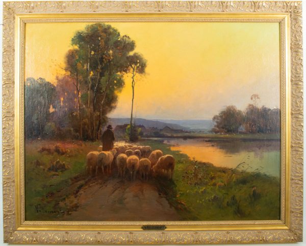 VILLEMONT (XIX - XXème): Troupeau de moutons - Huile sur toile.