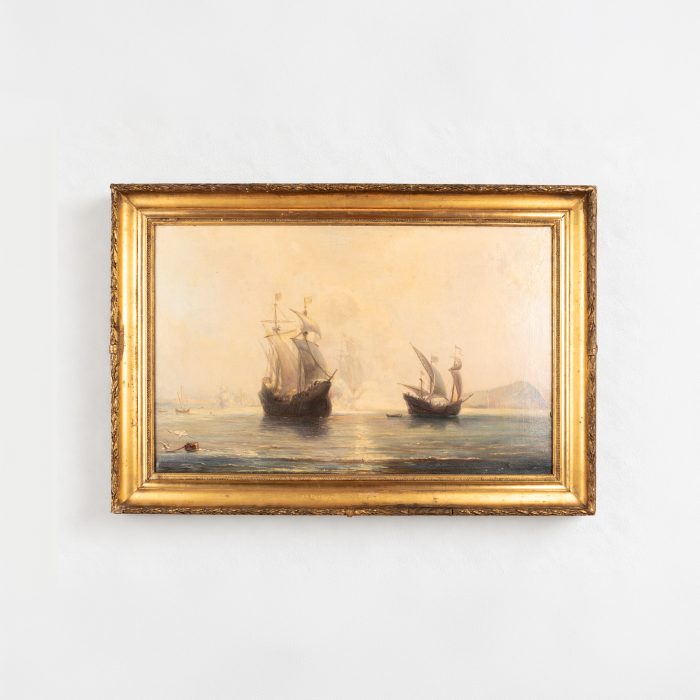 French School, 19TH CENTURY, Oil on Canvas - SPANISH GALLEONS AT ANCHOR IN A BAY