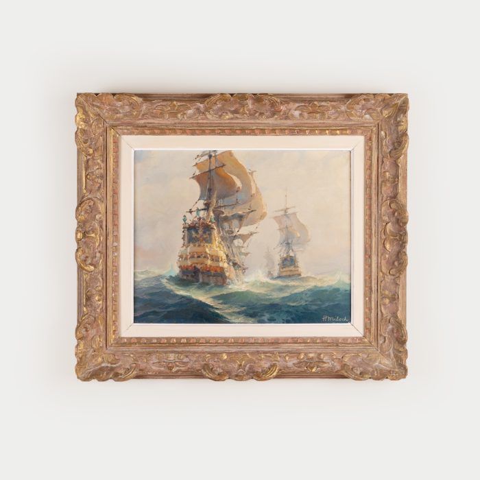 Henri Miloch maritime painting of sailing ships at sea in an ornate gilt frame