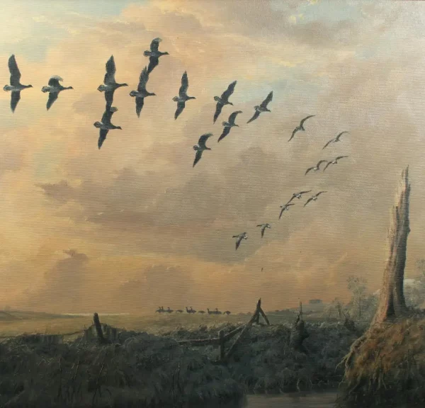 Peter Coulthard (1949 - ) - Shooting Geese on the Fens - Oil on Canvas - Image 2