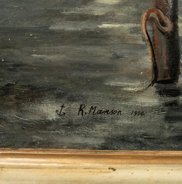 R. Manson (c19th-20th) LOW TIDE, SHIPS IN THE HARBOUR, 1904, oil on canvas - Image 3