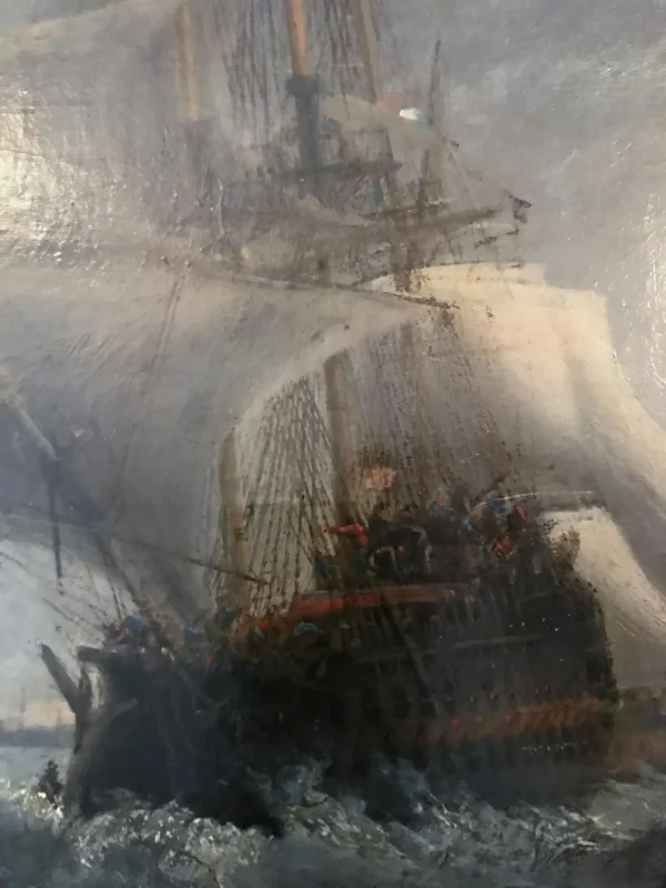 Oil on Canvas, 19 c. Dutch Ships Battling Stormy Seas, After Willem van de Velde - Image 5