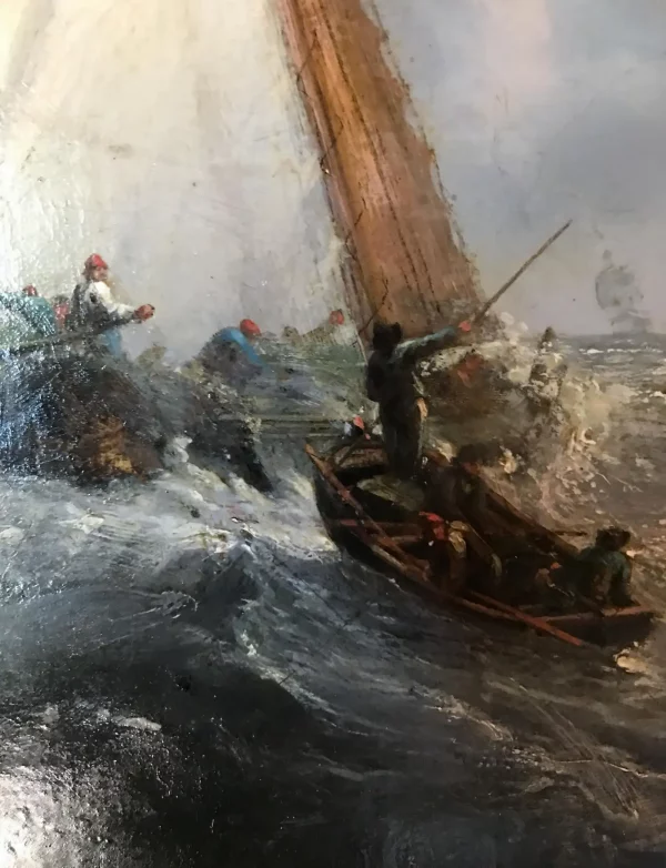 Oil on Canvas, 19 c. Dutch Ships Battling Stormy Seas, After Willem van de Velde - Image 7