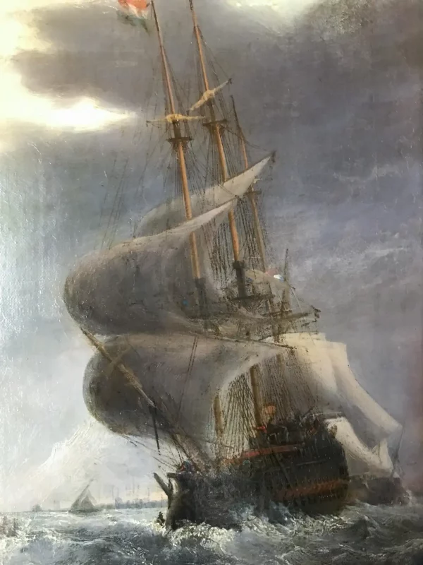 Oil on Canvas, 19 c. Dutch Ships Battling Stormy Seas, After Willem van de Velde - Image 8