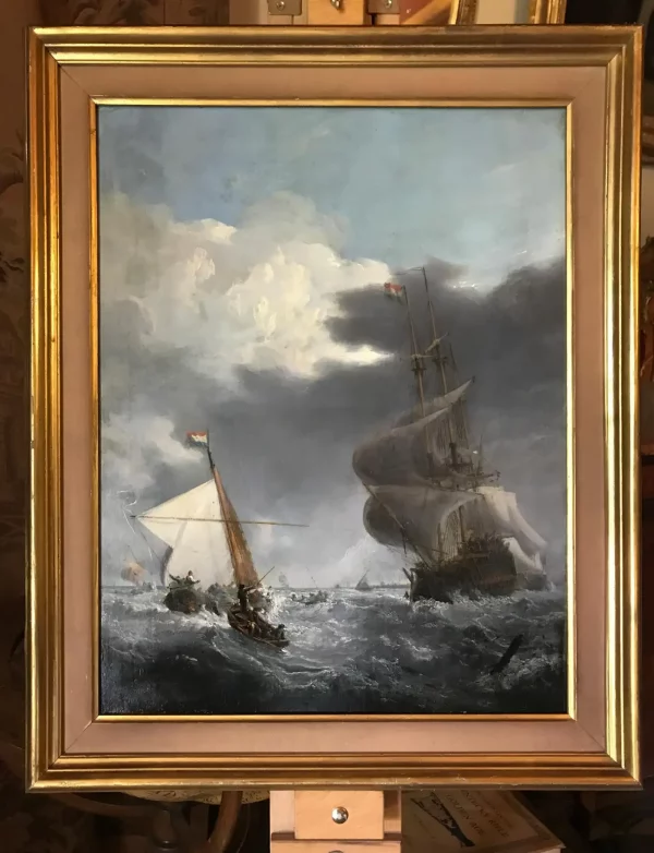 Oil on Canvas, 19 c. Dutch Ships Battling Stormy Seas, After Willem van de Velde - Image 9