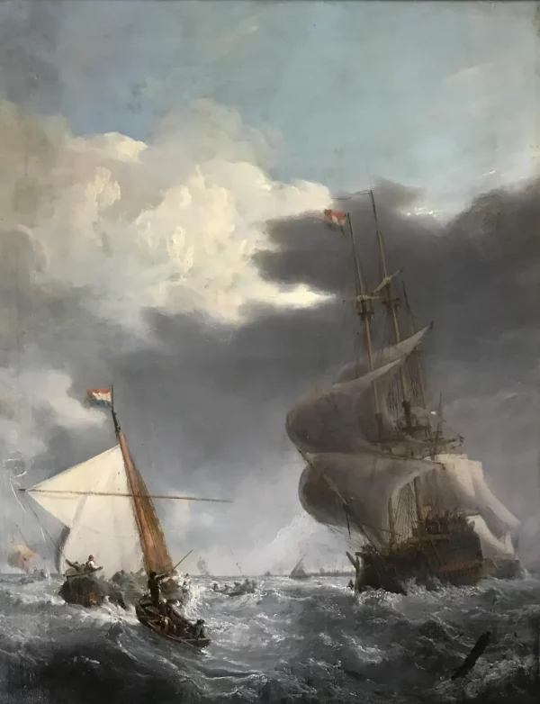 Oil on Canvas, 19 c. Dutch Ships Battling Stormy Seas, After Willem van de Velde - Image 10