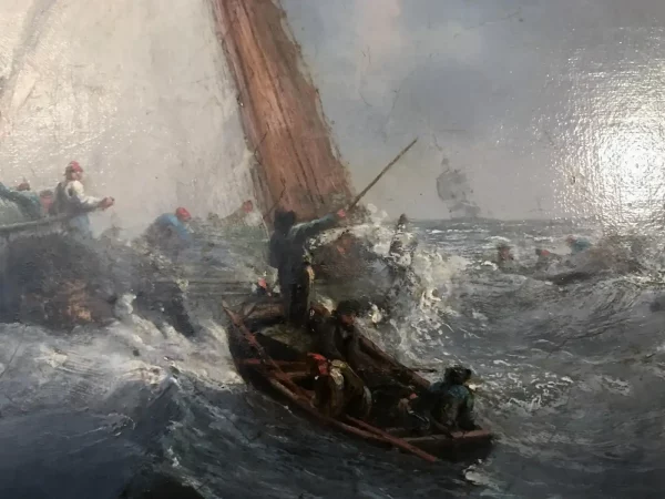 Oil on Canvas, 19 c. Dutch Ships Battling Stormy Seas, After Willem van de Velde - Image 3