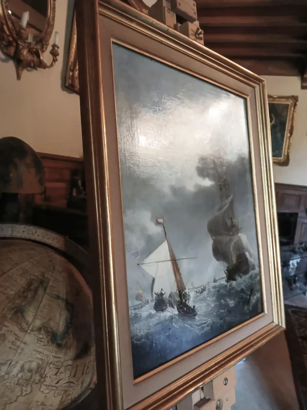 Oil on Canvas, 19 c. Dutch Ships Battling Stormy Seas, After Willem van de Velde - Image 4