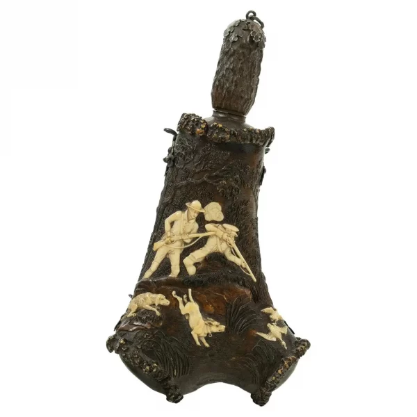 Fine Carved German or Austrian 18th Century Stags Horn Powder Flask