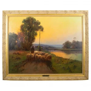 VILLEMONT (19th - 20th Century): Shepherd with his flock, Oil on Canvas