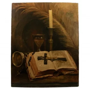 ITALIAN SCHOOL, mid 19th century, Religious Still Life, Bible, Rosary, Crucifix.