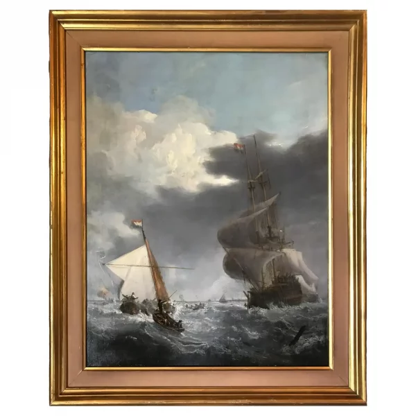Oil on Canvas, 19 c. Dutch Ships Battling Stormy Seas, After Willem van de Velde