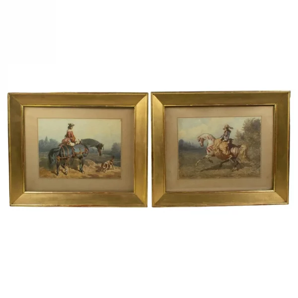 Théodore Fort (1810–1896) - Pair of Watercolours - Elegant Ladies on Horseback