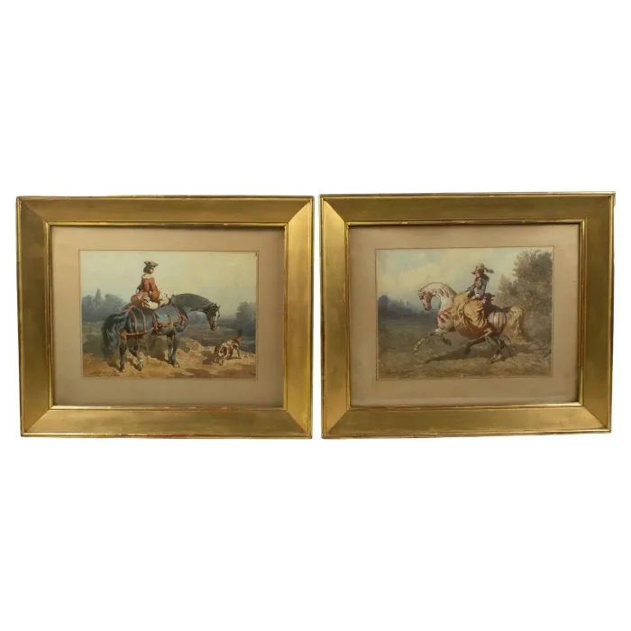 Théodore Fort (1810–1896) - Pair of Watercolours - Elegant Ladies on Horseback