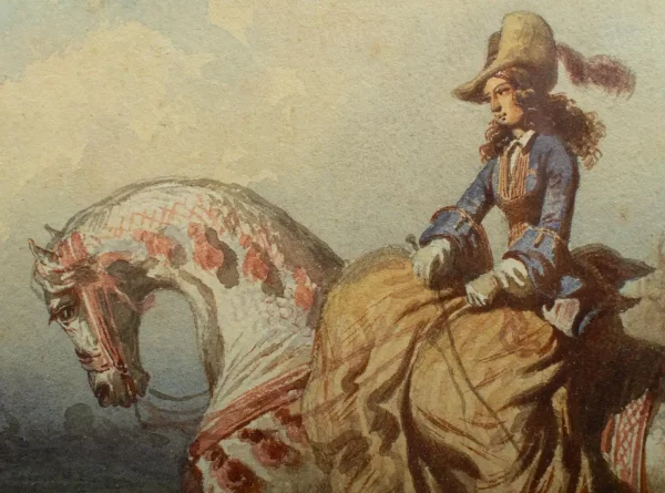 Théodore Fort (1810–1896) - Pair of Watercolours - Elegant Ladies on Horseback - Image 7