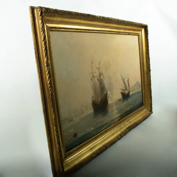 French School, 19TH CENTURY, Oil on Canvas - SPANISH GALLEONS AT ANCHOR IN A BAY - Image 8