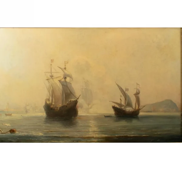 French School, 19TH CENTURY, Oil on Canvas - SPANISH GALLEONS AT ANCHOR IN A BAY - Image 3