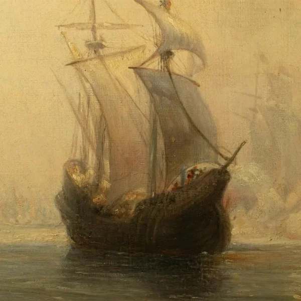 French School, 19TH CENTURY, Oil on Canvas - SPANISH GALLEONS AT ANCHOR IN A BAY - Image 4