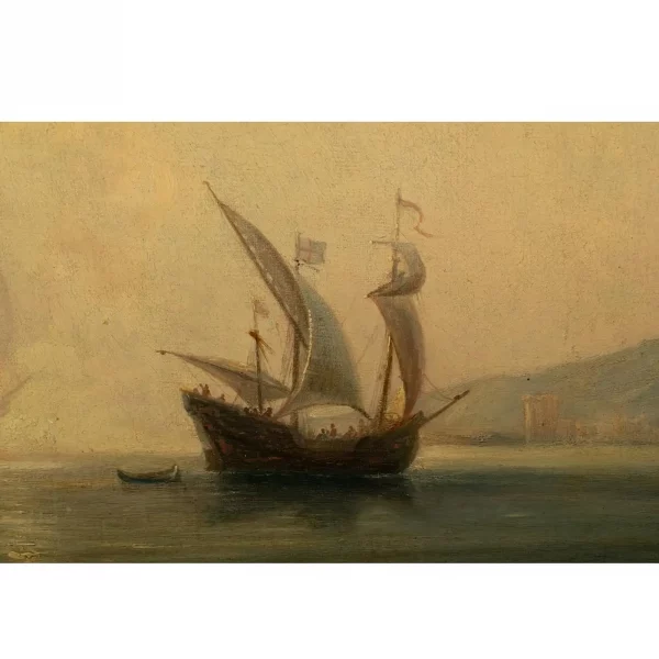 French School, 19TH CENTURY, Oil on Canvas - SPANISH GALLEONS AT ANCHOR IN A BAY - Image 5