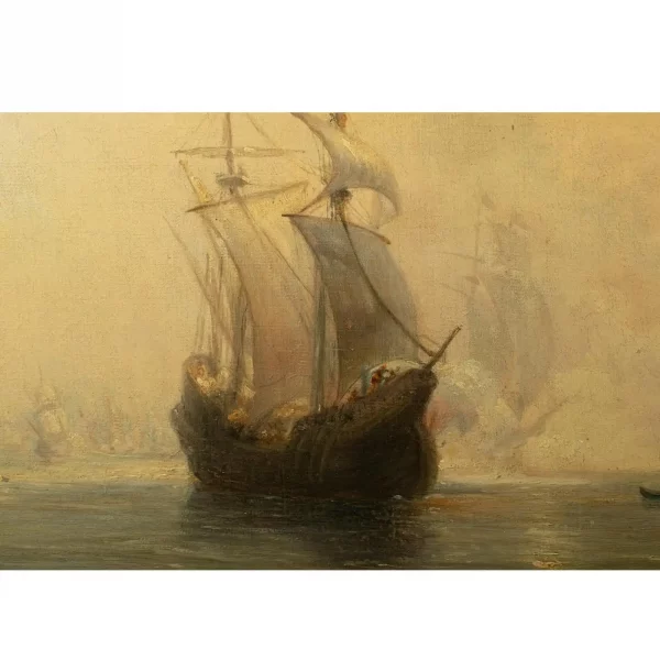 French School, 19TH CENTURY, Oil on Canvas - SPANISH GALLEONS AT ANCHOR IN A BAY - Image 6
