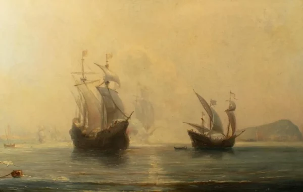French School, 19TH CENTURY, Oil on Canvas - SPANISH GALLEONS AT ANCHOR IN A BAY - Image 2