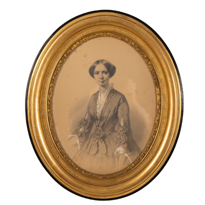 Portrait d'Élégante, 1853 - Original graphite and gouache watercolor painting of an elegant lady