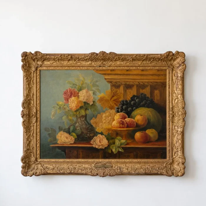 Still Life with Roses and Fruit, 17 Century Style Oil on Canvas, dated 1896