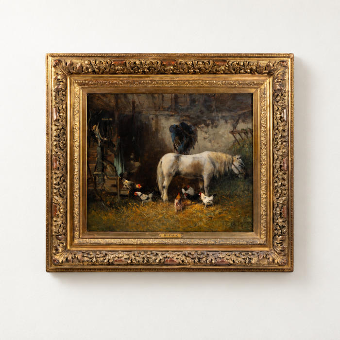 Alexandre Defaux (French, 1826–1900): "Poney à l’étable avec des poules" Oil on Canvas