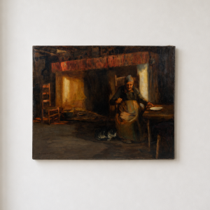 Exhibition & Provenance by Louis Manceaux. "Vers le couchant" Original Oil on canvas Interior of woman, fireplace and cat, large