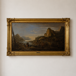 17th Century Italian School Oil on Canvas - Travellers Resting by a Rocky Cove, Salvator Rosa