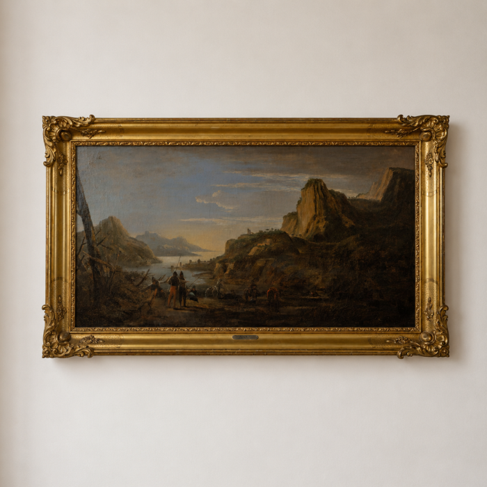 17th Century Italian School Oil on Canvas - Travellers Resting by a Rocky Cove, Salvator Rosa