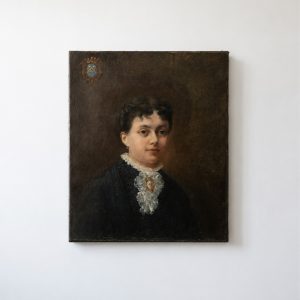 Portrait of Alice de Retz – 19th-Century French Oil Painting with Coat of Arms