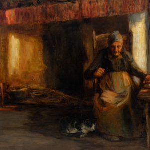 Original Oil on canvas by Louis Manceaux. Interior of woman, fireplace and cat, large