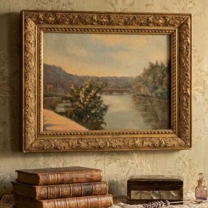 Antique Oil Painting on Panel – Riverside Landscape