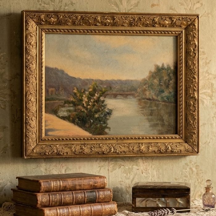 Antique Oil Painting on Panel – Riverside Landscape